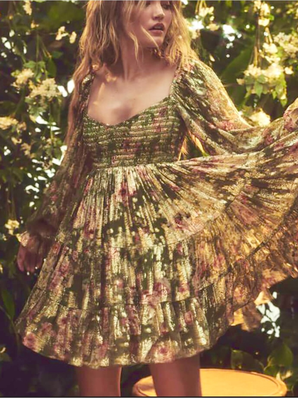 HEMANT & NANDITA Olive Green Floral Smocked Mini Dress